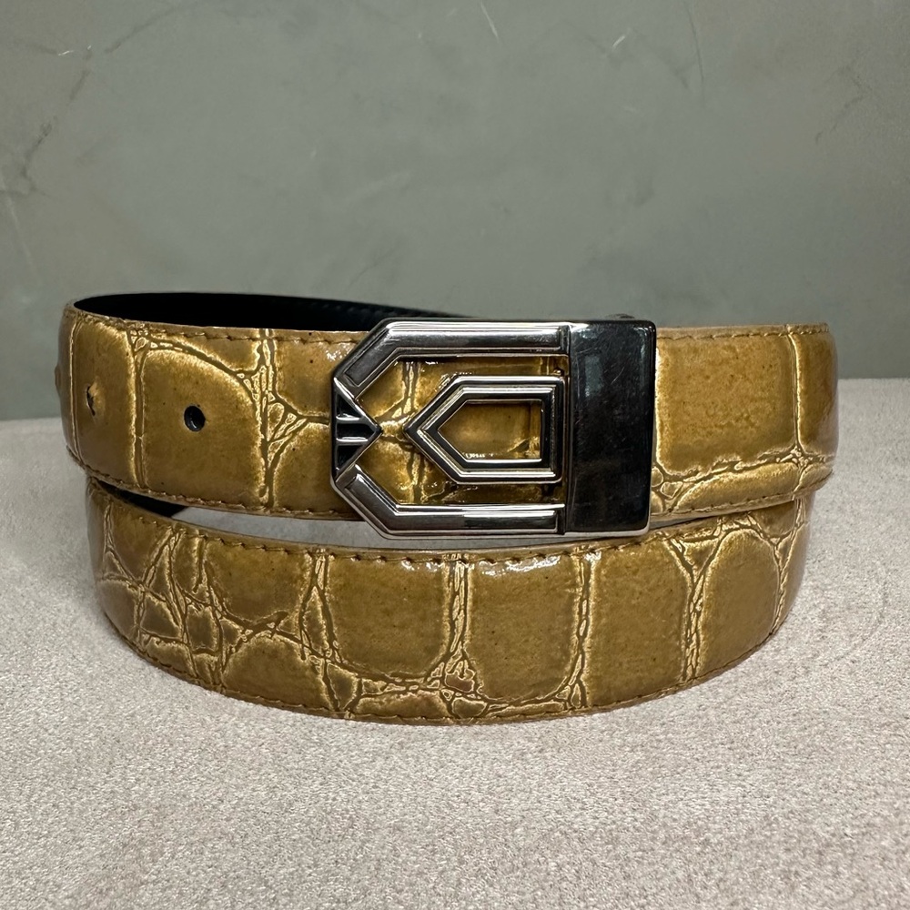 Italian Alligator Embossed Brown Leather Belt Gold Buckle Women’s Size M/L